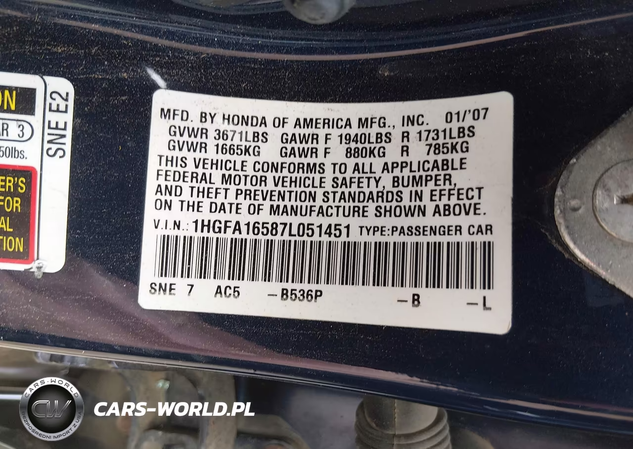 2007 Honda Civic Lx VIN:1HGFA16587L051451 - 9