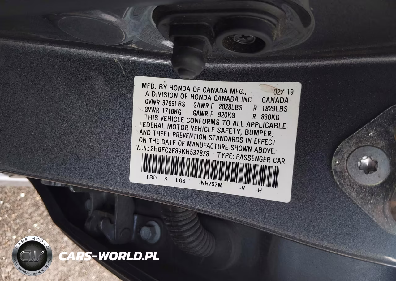 2019 Honda Civic Sport VIN:2HGFC2F89KH537878 - 9