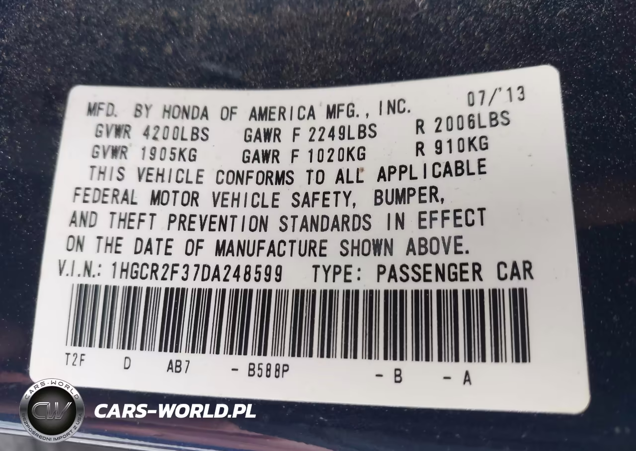 2013 Honda Accord Lx VIN:1HGCR2F37DA248599 - 9