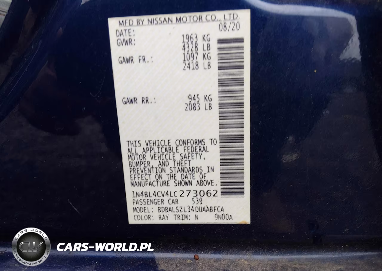 2020 Nissan Altima Sr Fwd VIN:1N4BL4CV4LC273062 - 9