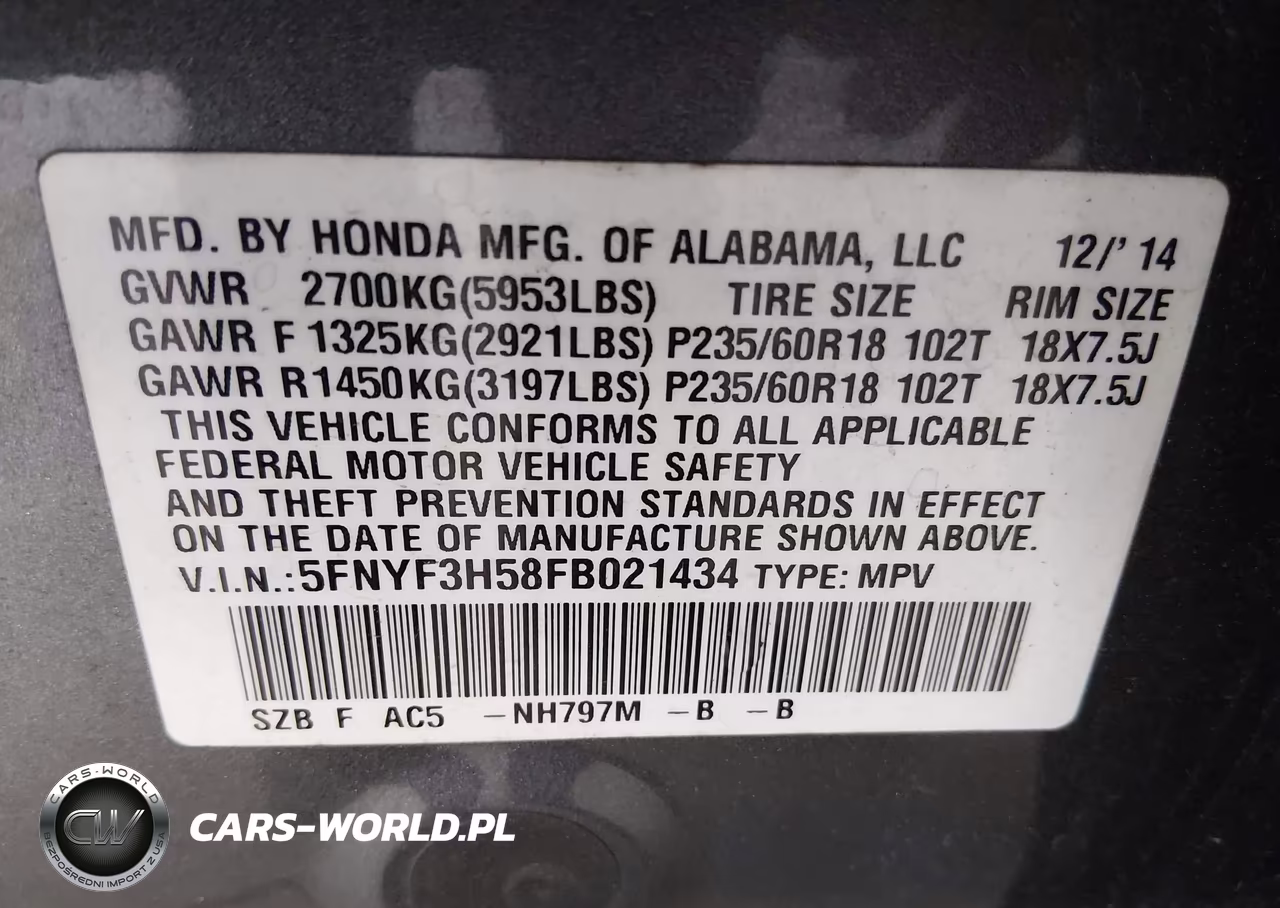 2015 Honda Pilot Ex-L VIN:5FNYF3H58FB021434 - 9