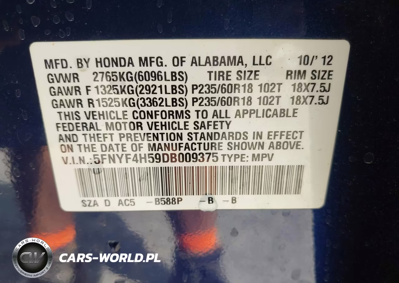 2013 Honda Pilot Ex-L VIN:5FNYF4H59DB009375 - 9