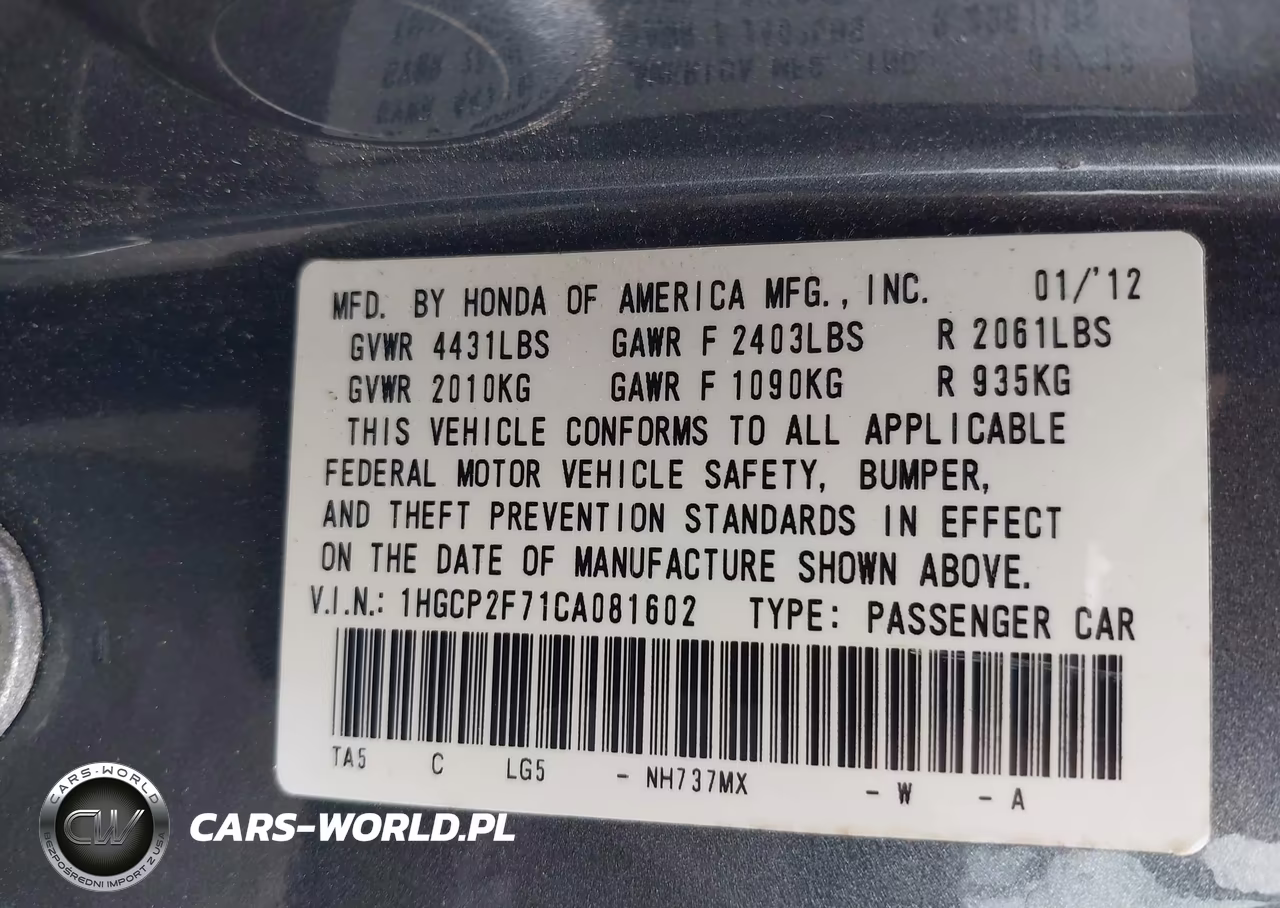 2012 Honda Accord 2.4 Ex VIN:1HGCP2F71CA081602 - 9