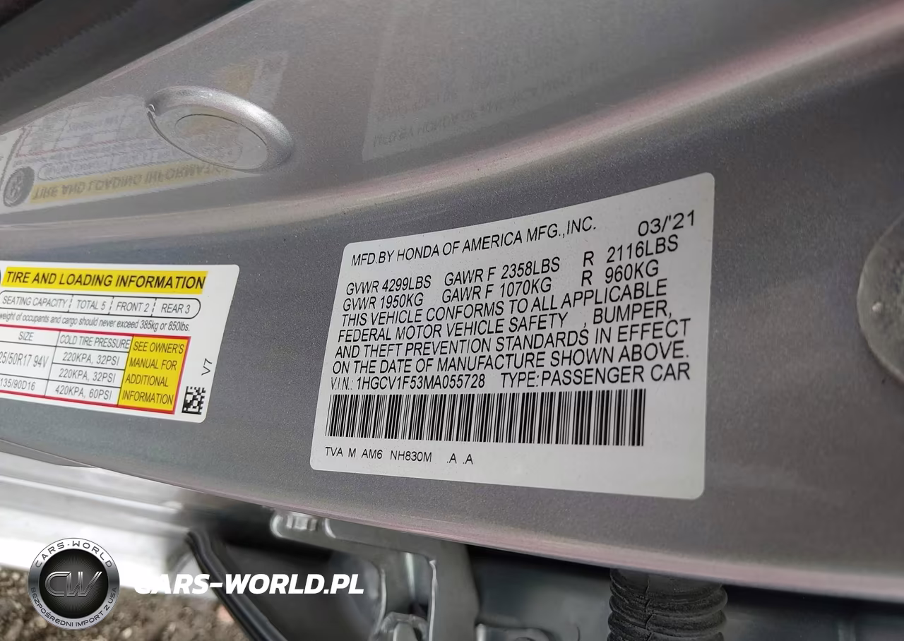 2021 Honda Accord Ex-L VIN:1HGCV1F53MA055728 - 9