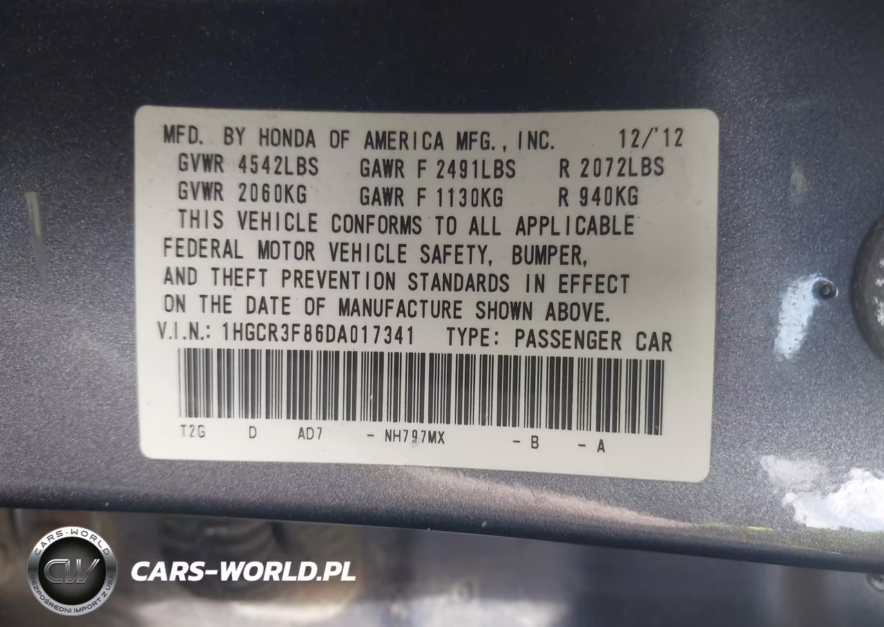 2013 Honda Accord Ex-L V-6 VIN:1HGCR3F86DA017341 - 9