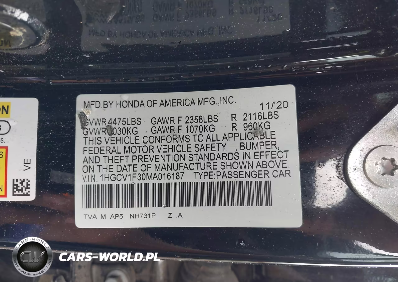 2021 Honda Accord Sport VIN:1HGCV1F30MA016187 - 9