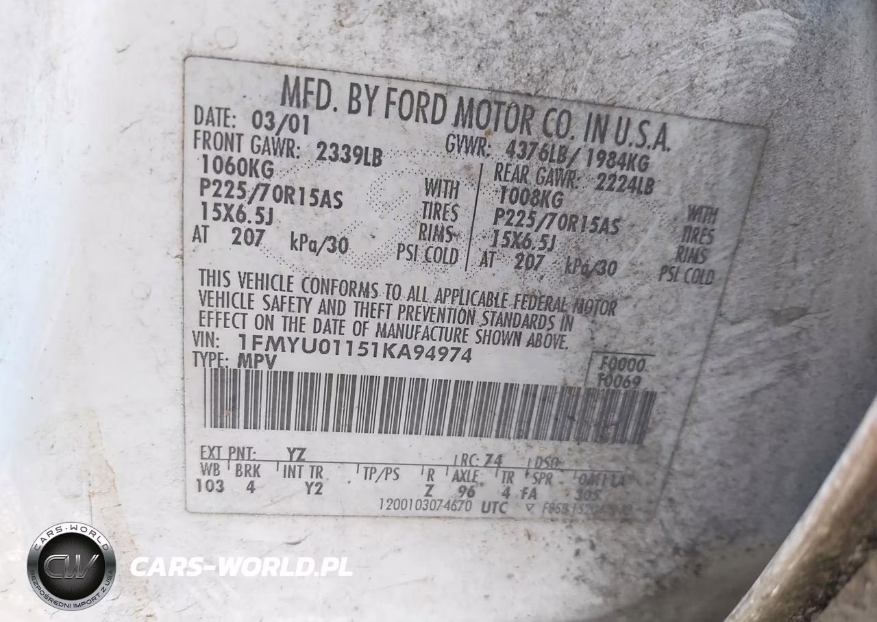 2001 Ford Escape Xls VIN:1FMYU01151KA94974 - 9