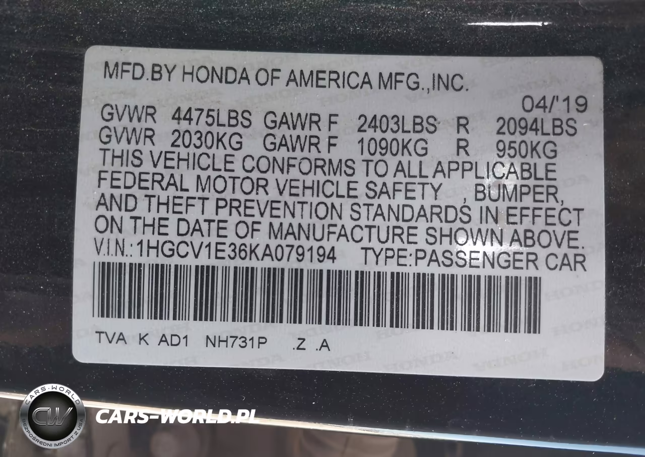 2019 Honda Accord Sport VIN:1HGCV1E36KA079194 - 9