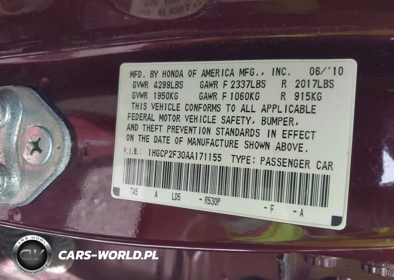 2010 Honda Accord 2.4 Lx VIN:1HGCP2F30AA171155 - 9