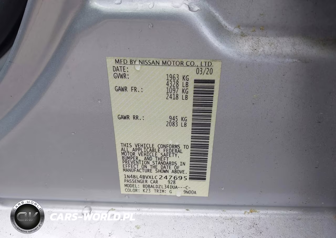 2020 Nissan Altima S Fwd VIN:1N4BL4BVXLC247695 - 9
