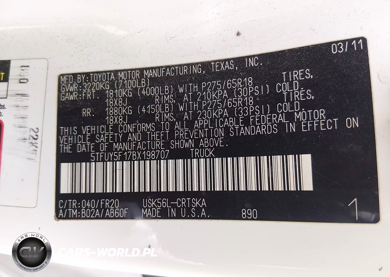 2011 Toyota Tundra Grade 5.7L V8 VIN:5TFUY5F17BX198707 - 9