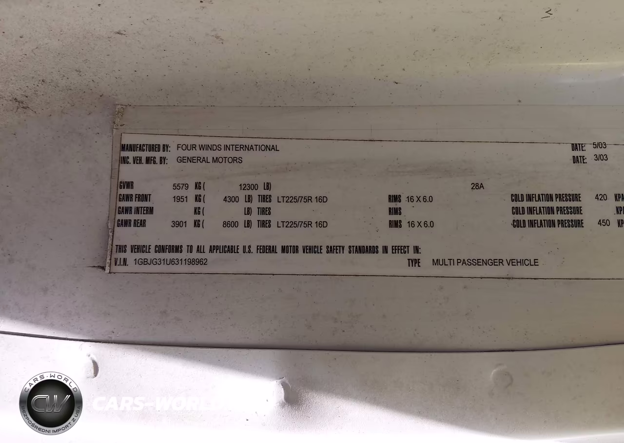 2003 Chevrolet Express Cutaway Base W-C7A VIN:1GBJG31U631198962 - 8