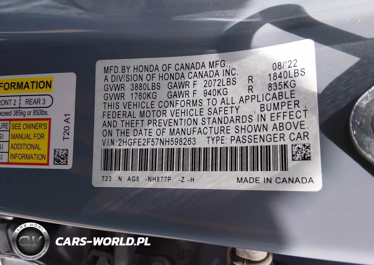 2022 Honda Civic Sport VIN:2HGFE2F57NH598263 - 9