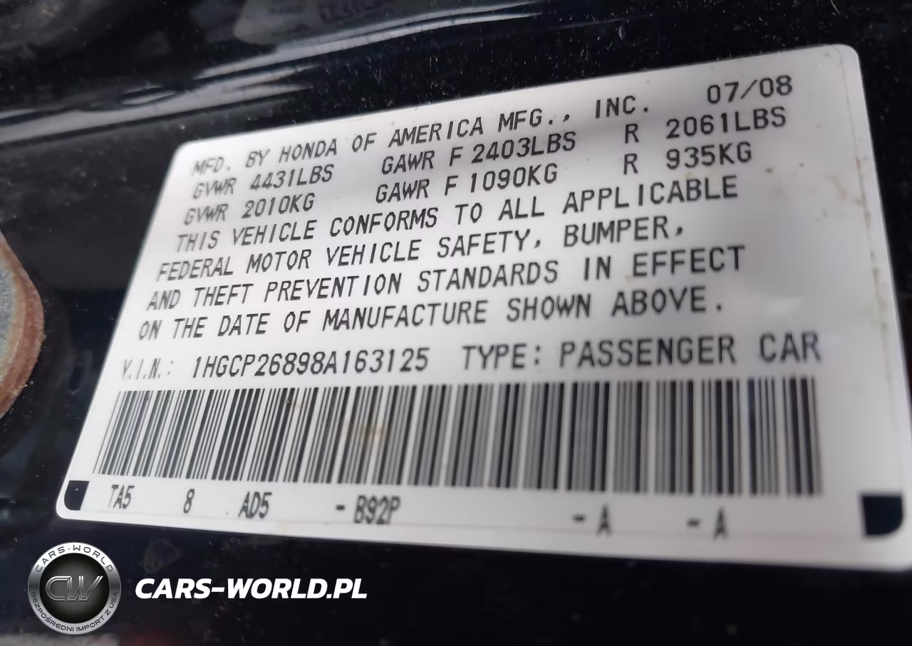 2008 Honda Accord 2.4 Ex-L VIN:1HGCP26898A163125 - 9