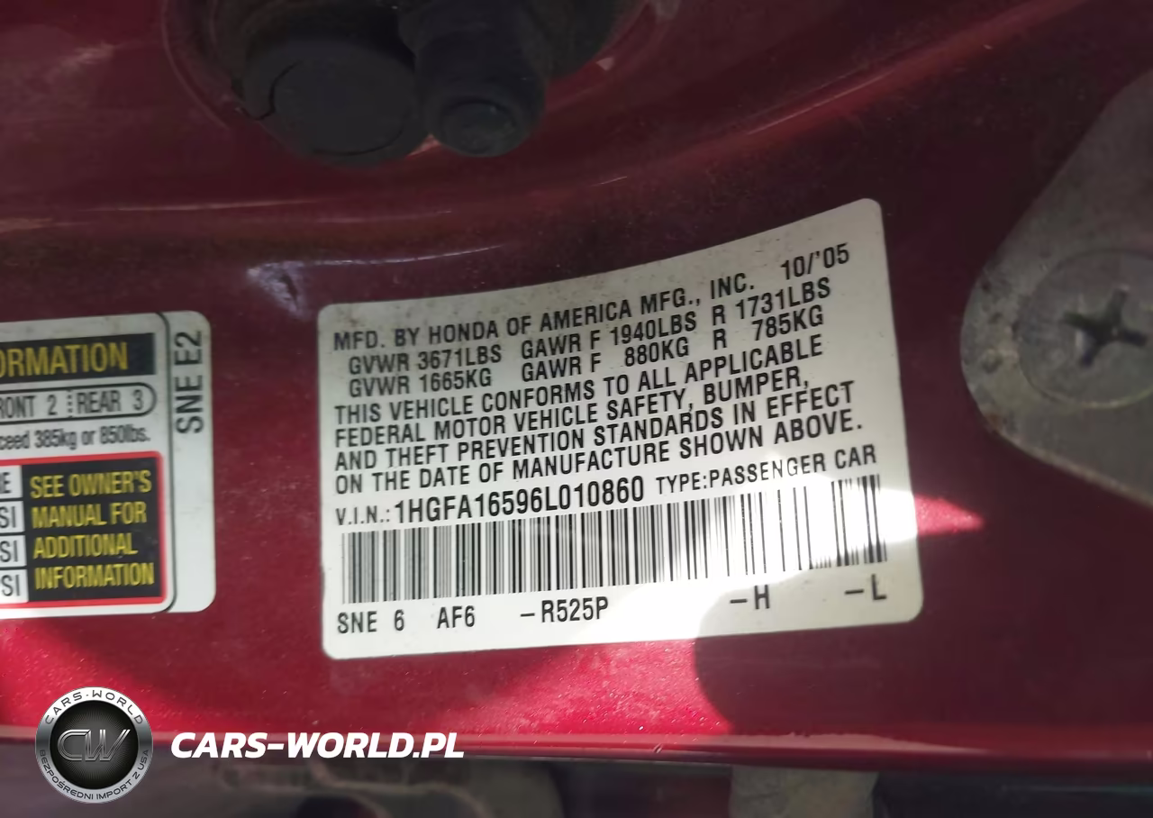 2006 Honda Civic Lx VIN:1HGFA16596L010860 - 9