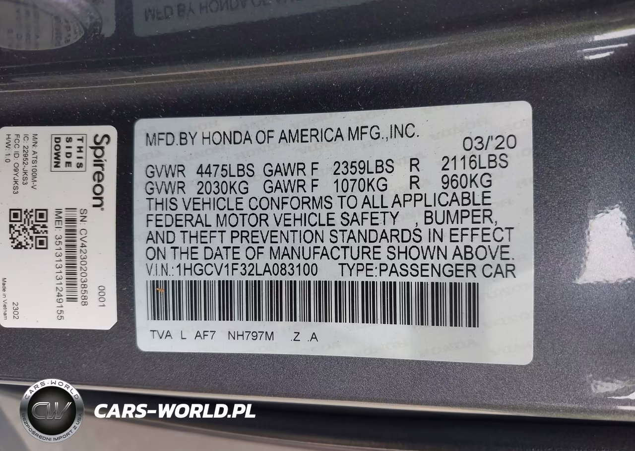 2020 Honda Accord Sport VIN:1HGCV1F32LA083100 - 9