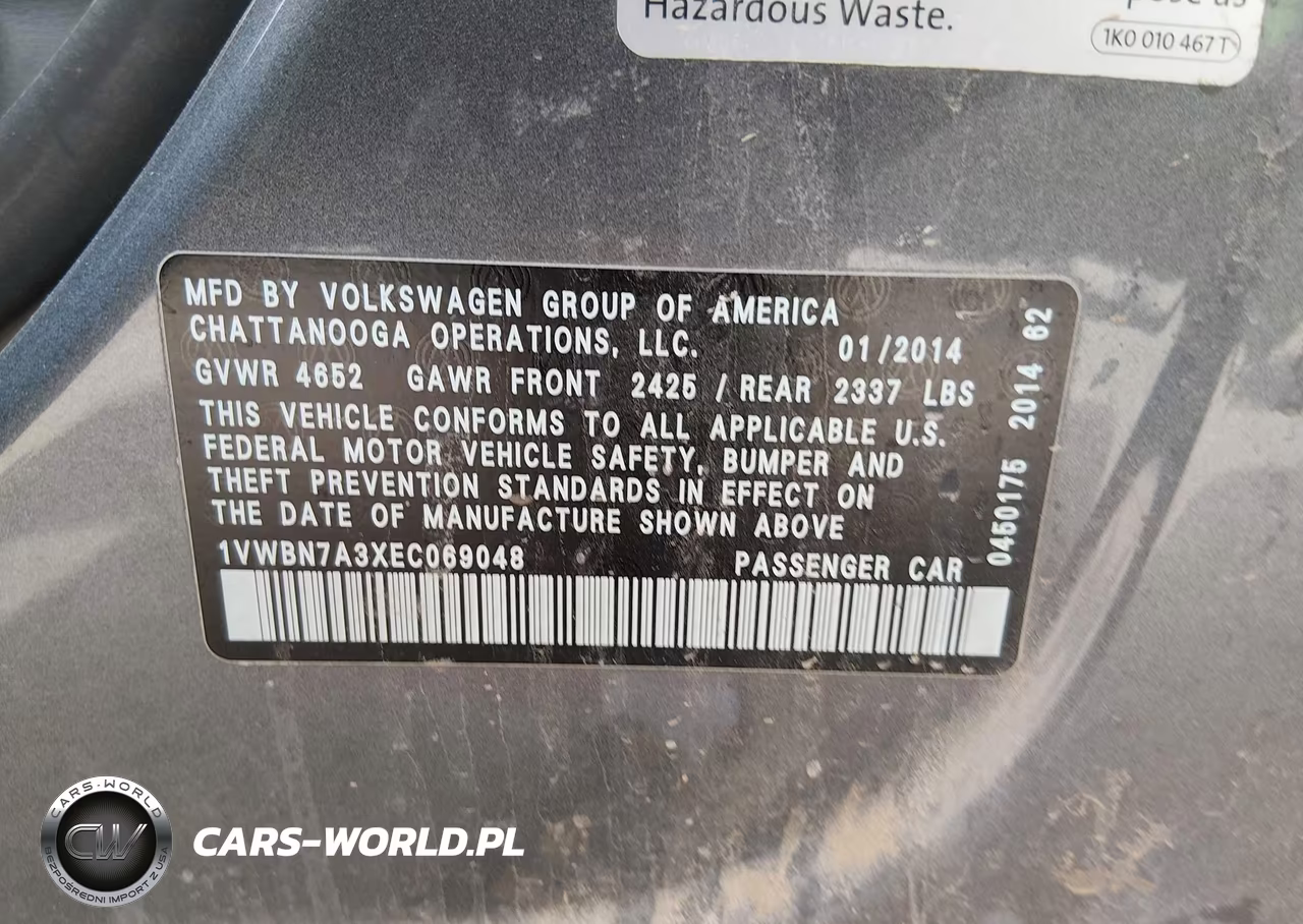 2014 Volkswagen Passat 2.0L Tdi Se VIN:1VWBN7A3XEC069048 - 9