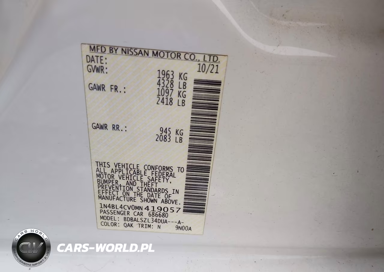 2021 Nissan Altima Sr Fwd VIN:1N4BL4CV0MN419057 - 9