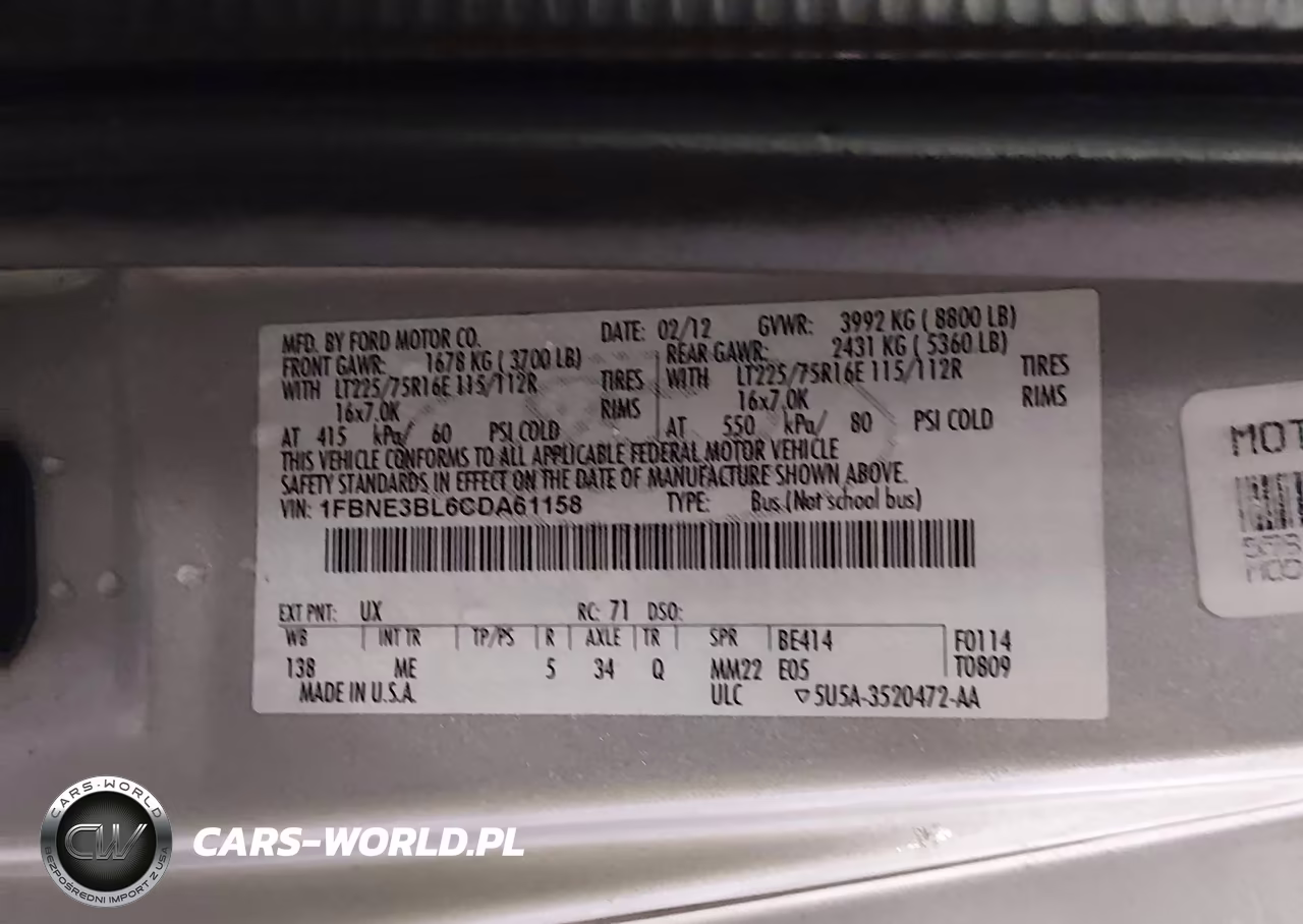 2012 Ford E-350 Super Duty Xlt VIN:1FBNE3BL6CDA61158 - 9
