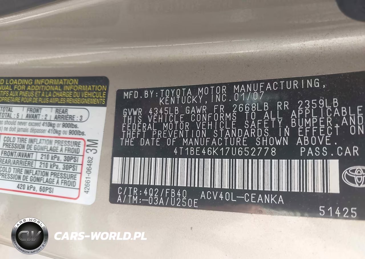 2007 Toyota Camry Le VIN:4T1BE46K17U652778 - 9