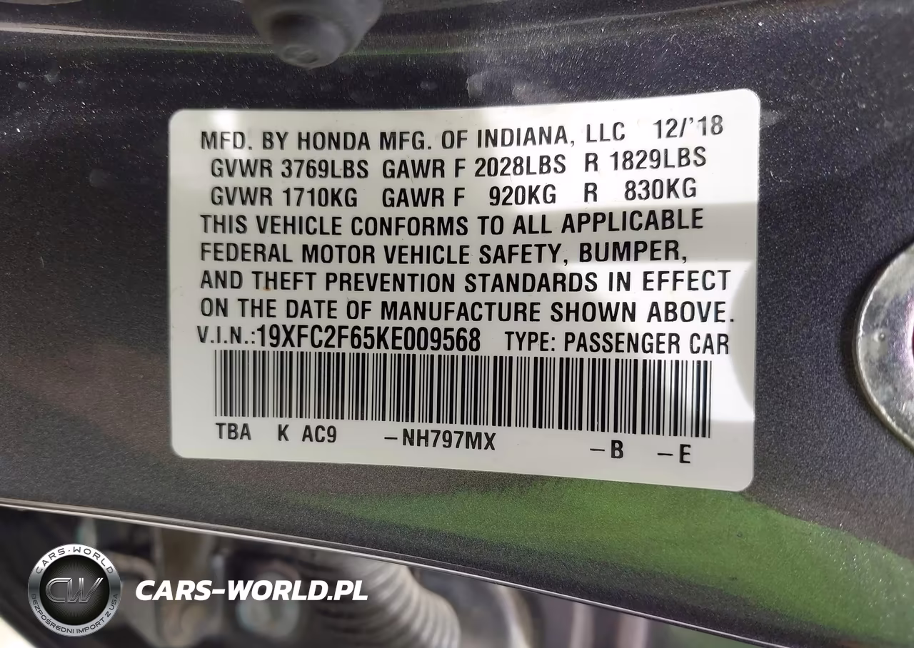 2019 Honda Civic Lx VIN:19XFC2F65KE009568 - 9