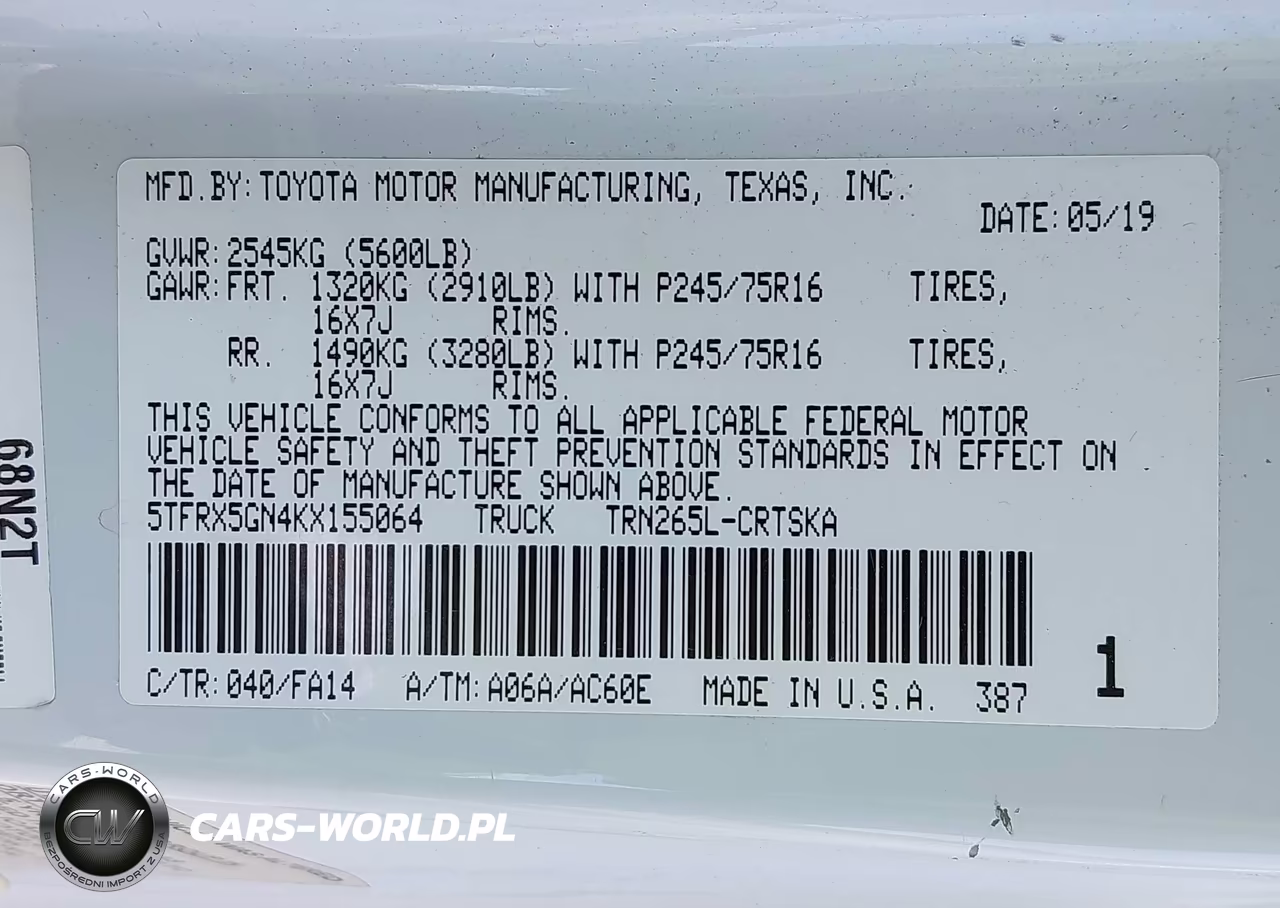 2019 Toyota Tacoma Sr VIN:5TFRX5GN4KX155064 - 9