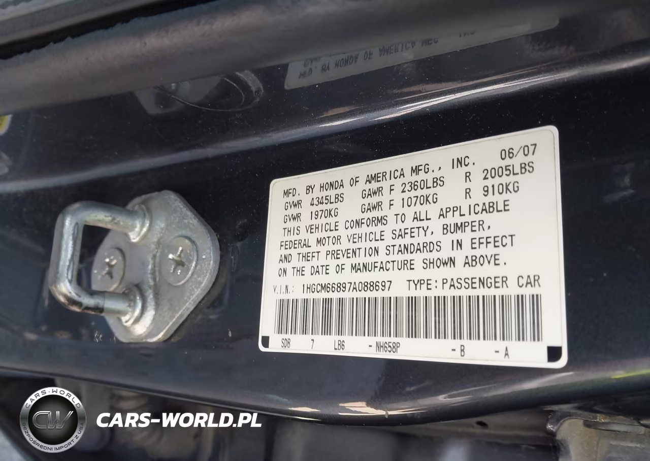 2007 Honda Accord 3.0 Ex VIN:1HGCM66897A088697 - 9