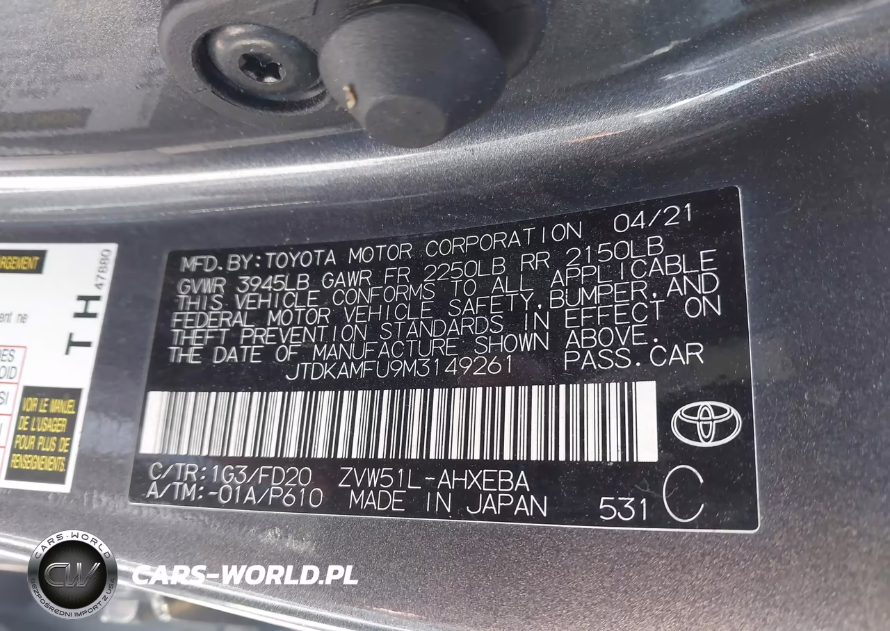 2021 Toyota Prius Le VIN:JTDKAMFU9M3149261 - 9
