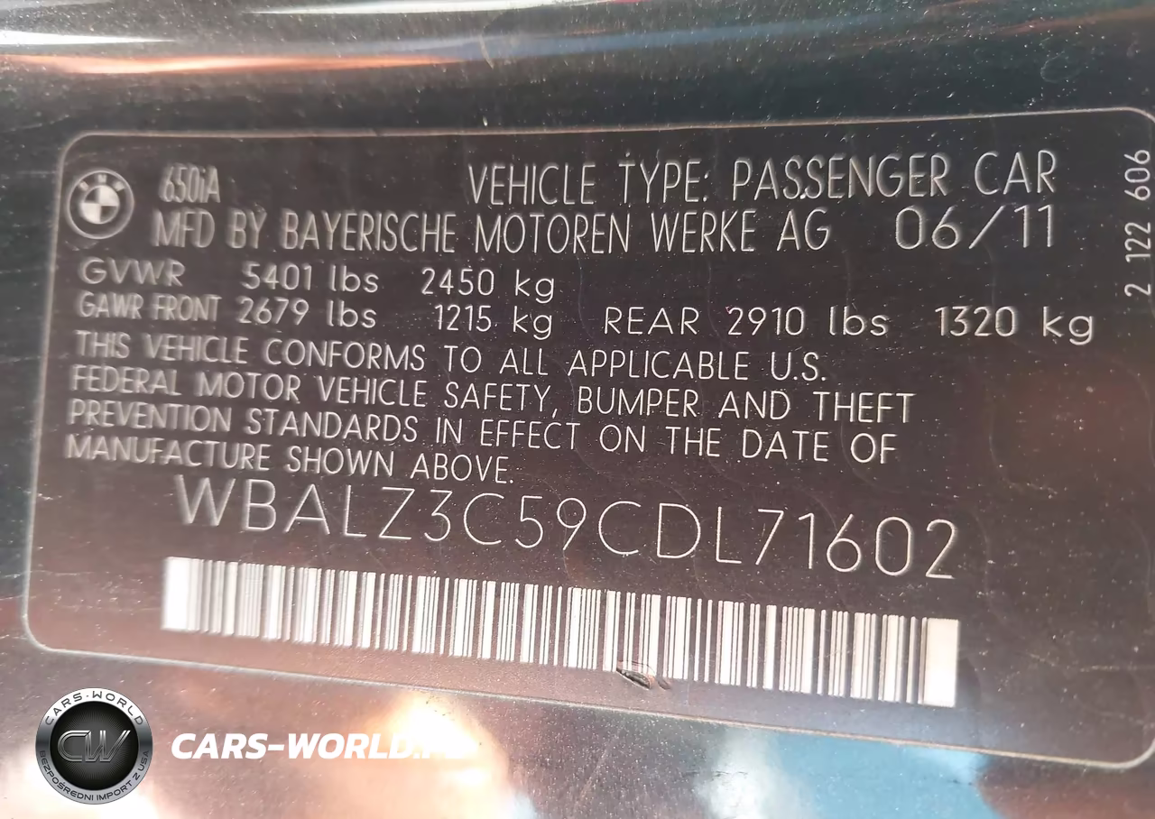 2012 BMW 650I VIN:WBALZ3C59CDL71602 - 9