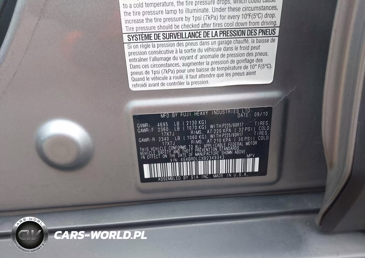 2011 Subaru Outback 3.6R Limited VIN:4S4BRDLCXB2349343 - 9