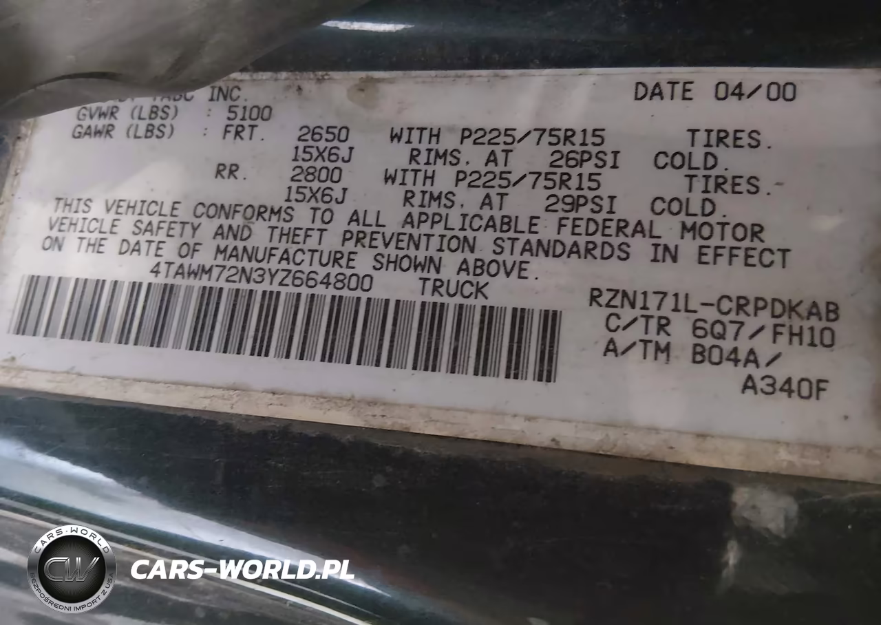 2000 Toyota Tacoma VIN:4TAWM72N3YZ664800 - 9