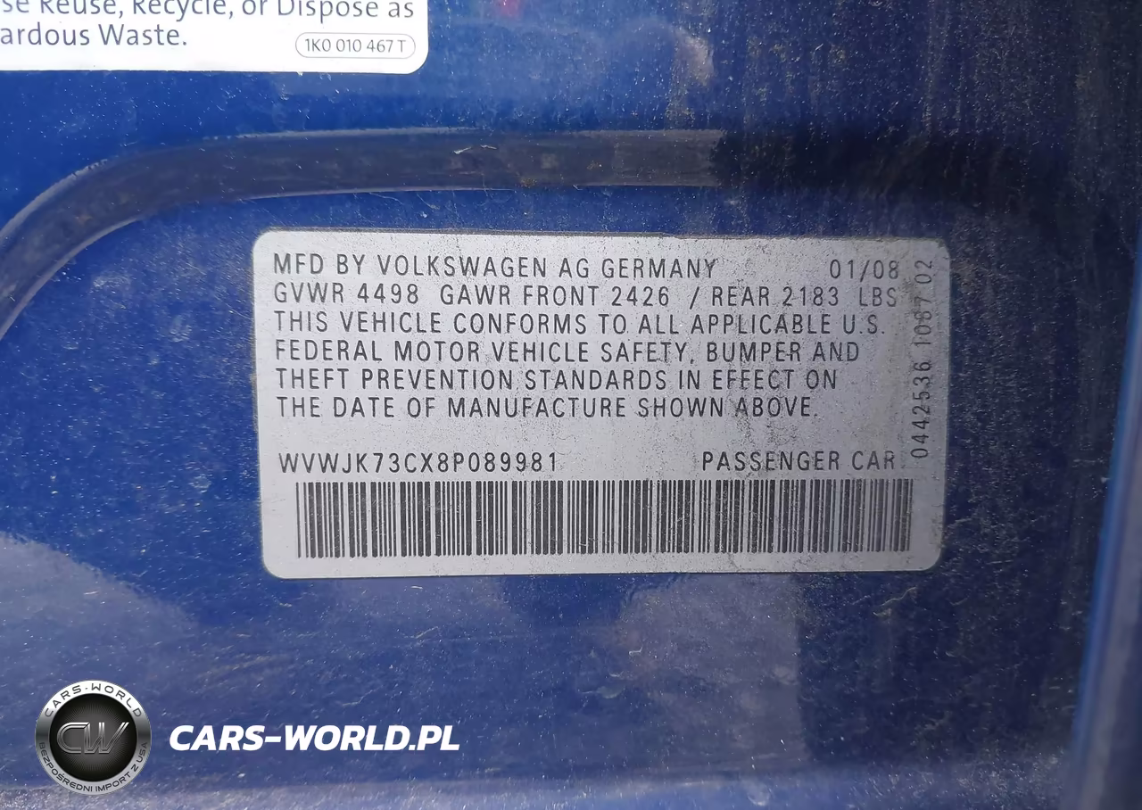 2008 Volkswagen Passat Turbo VIN:WVWJK73CX8P089981 - 9