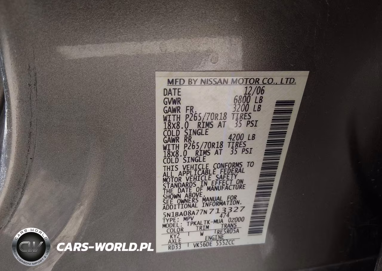 2007 Nissan Armada Se VIN:5N1BA08A77N713327 - 9