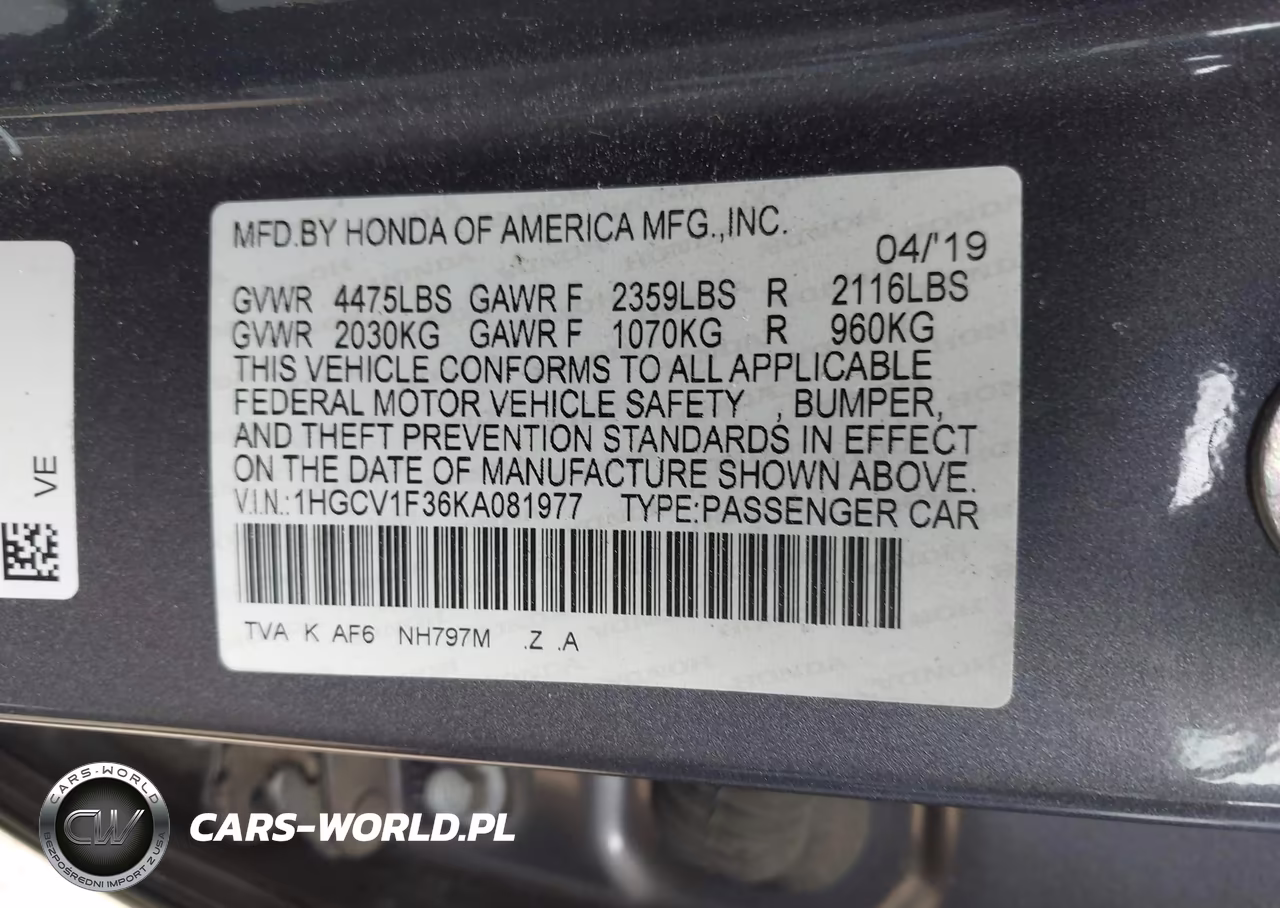 2019 Honda Accord Sport VIN:1HGCV1F36KA081977 - 9