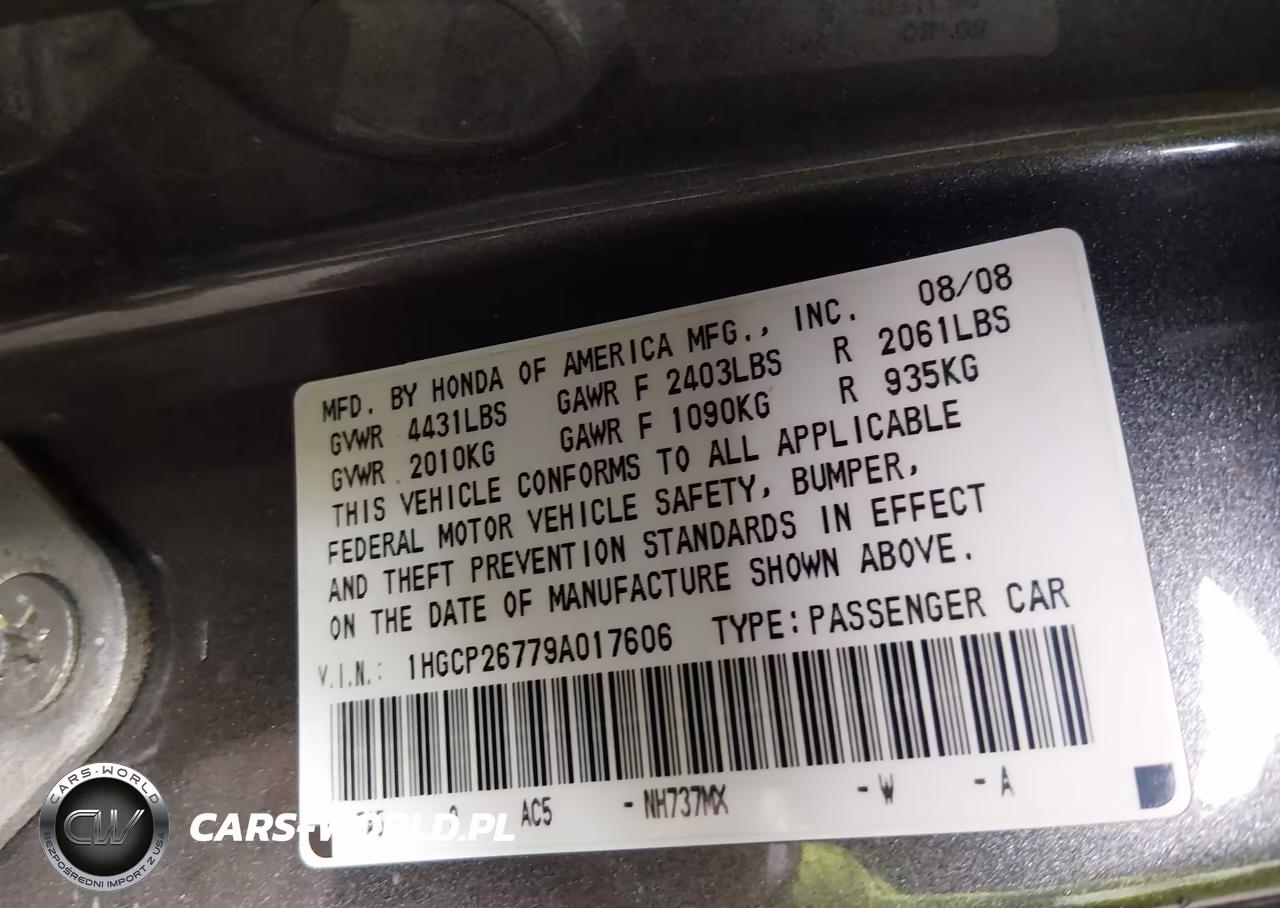 2009 Honda Accord 2.4 Ex VIN:1HGCP26779A017606 - 9