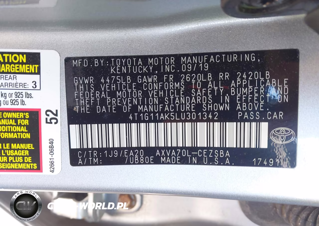 2020 Toyota Camry Se VIN:4T1G11AK5LU301342 - 9