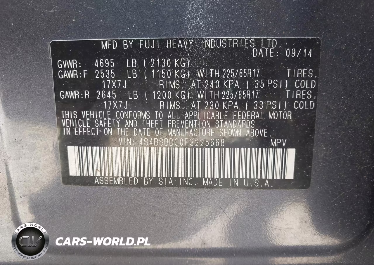 2015 Subaru Outback 2.5I Premium VIN:4S4BSBDC0F3225668 - 9