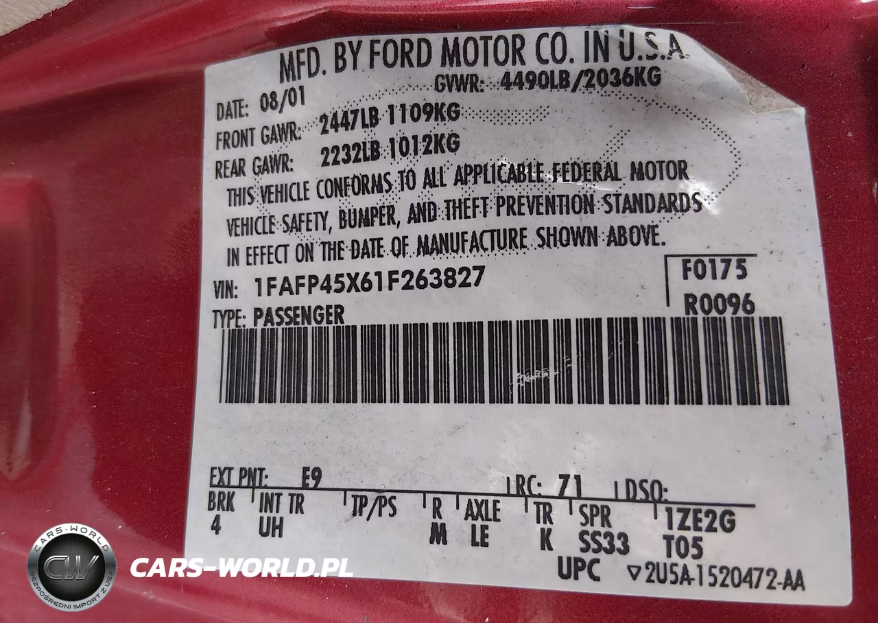 2001 Ford Mustang Gt VIN:1FAFP45X61F263827 - 9