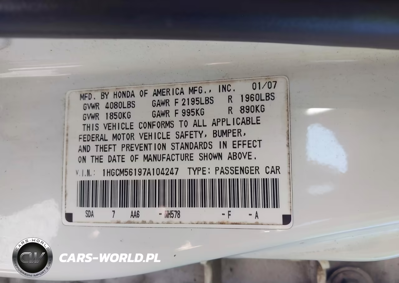 2007 Honda Accord 2.4 Vp VIN:1HGCM56197A104247 - 9