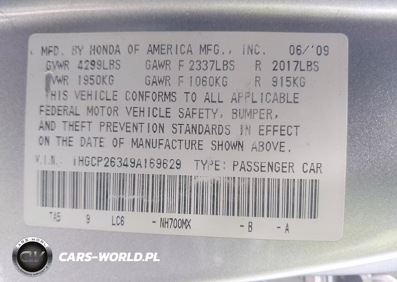 2009 Honda Accord 2.4 Lx VIN:1HGCP26349A169629 - 9