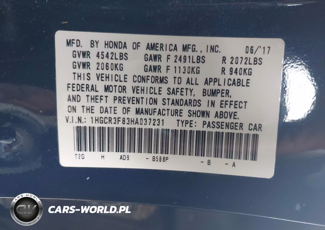 2017 Honda Accord Ex-L V6 VIN:1HGCR3F83HA037231 - 9