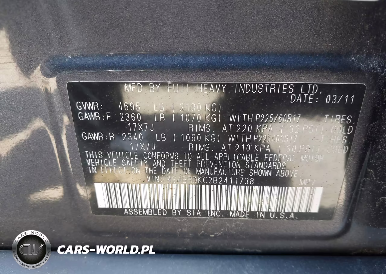 2011 Subaru Outback 3.6R Limited VIN:4S4BRDKC2B2411738 - 9