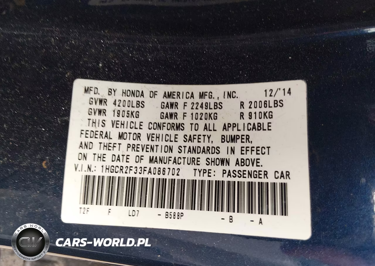 2015 Honda Accord Lx VIN:1HGCR2F33FA086702 - 9