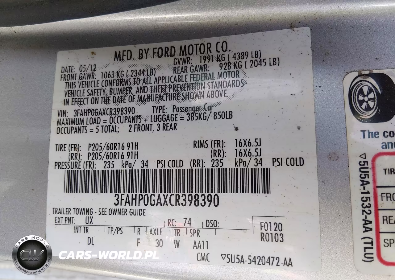 2012 Ford Fusion S VIN:3FAHP0GAXCR398390 - 9