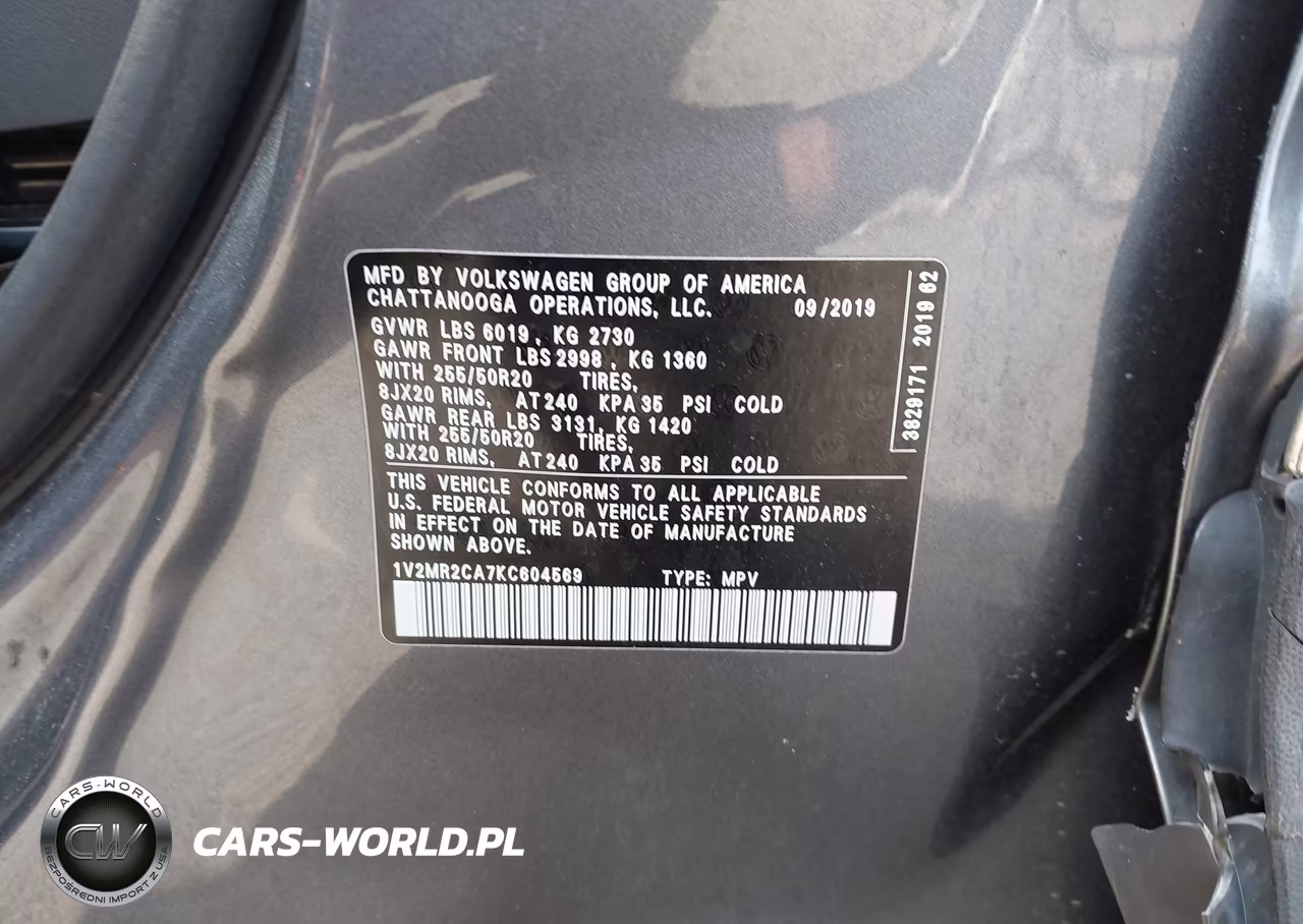 2019 Volkswagen Atlas 3.6L V6 Sel VIN:1V2MR2CA7KC604569 - 9