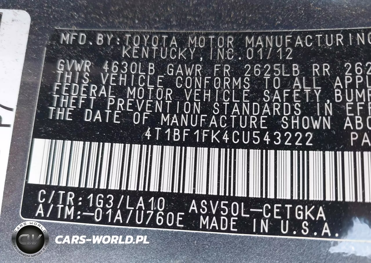 2012 Toyota Camry Xle VIN:4T1BF1FK4CU543222 - 9