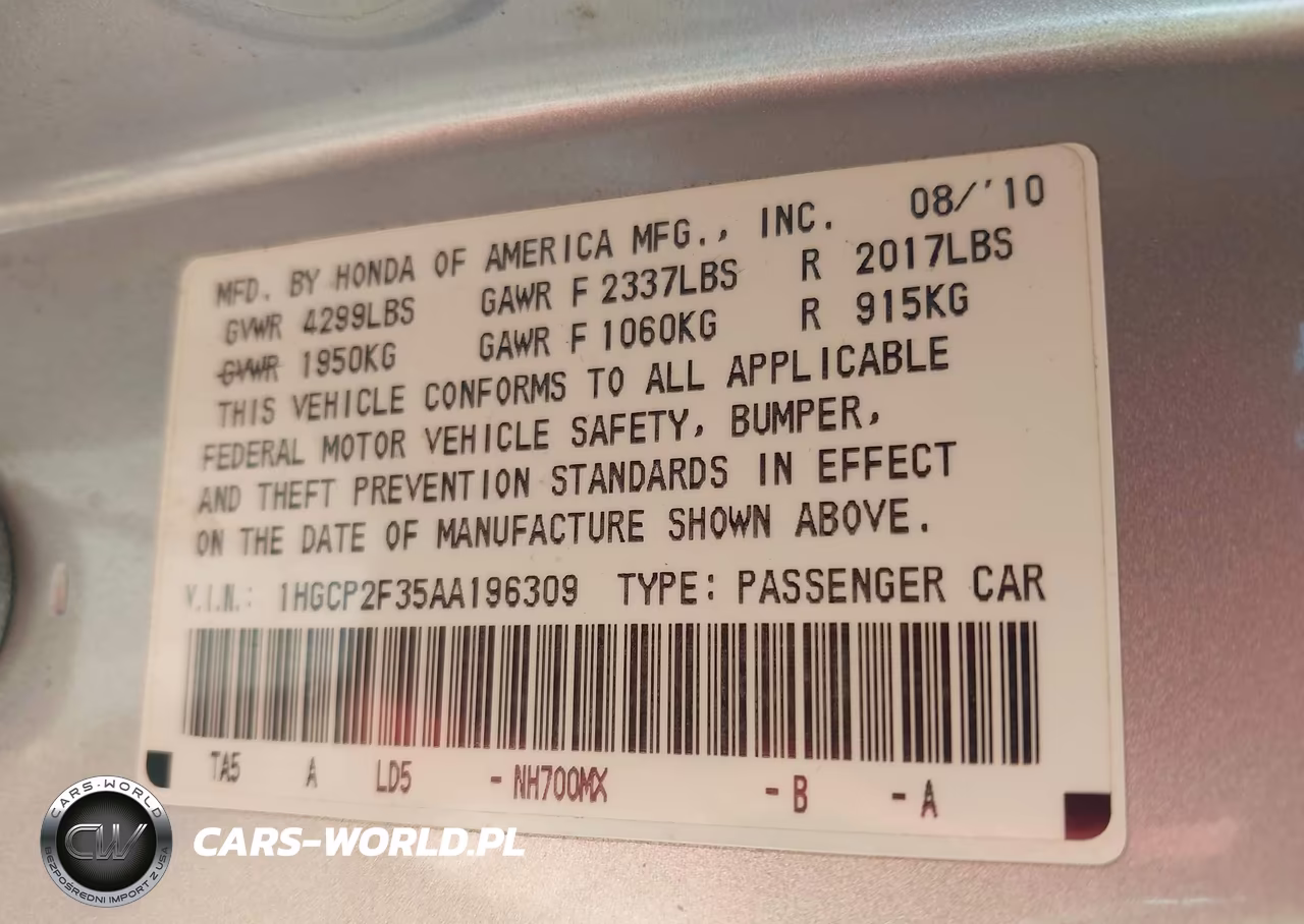 2010 Honda Accord 2.4 Lx VIN:1HGCP2F35AA196309 - 9