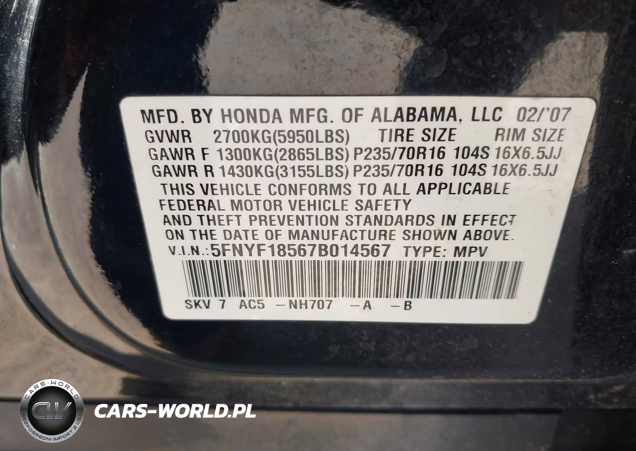 2007 Honda Pilot Ex-L VIN:5FNYF18567B014567 - 9