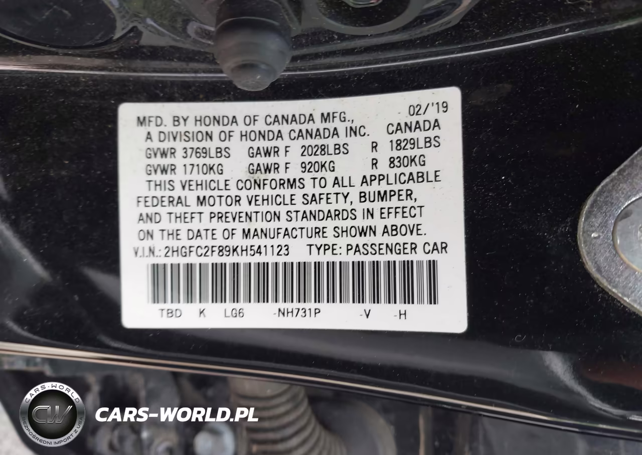 2019 Honda Civic Sport VIN:2HGFC2F89KH541123 - 9