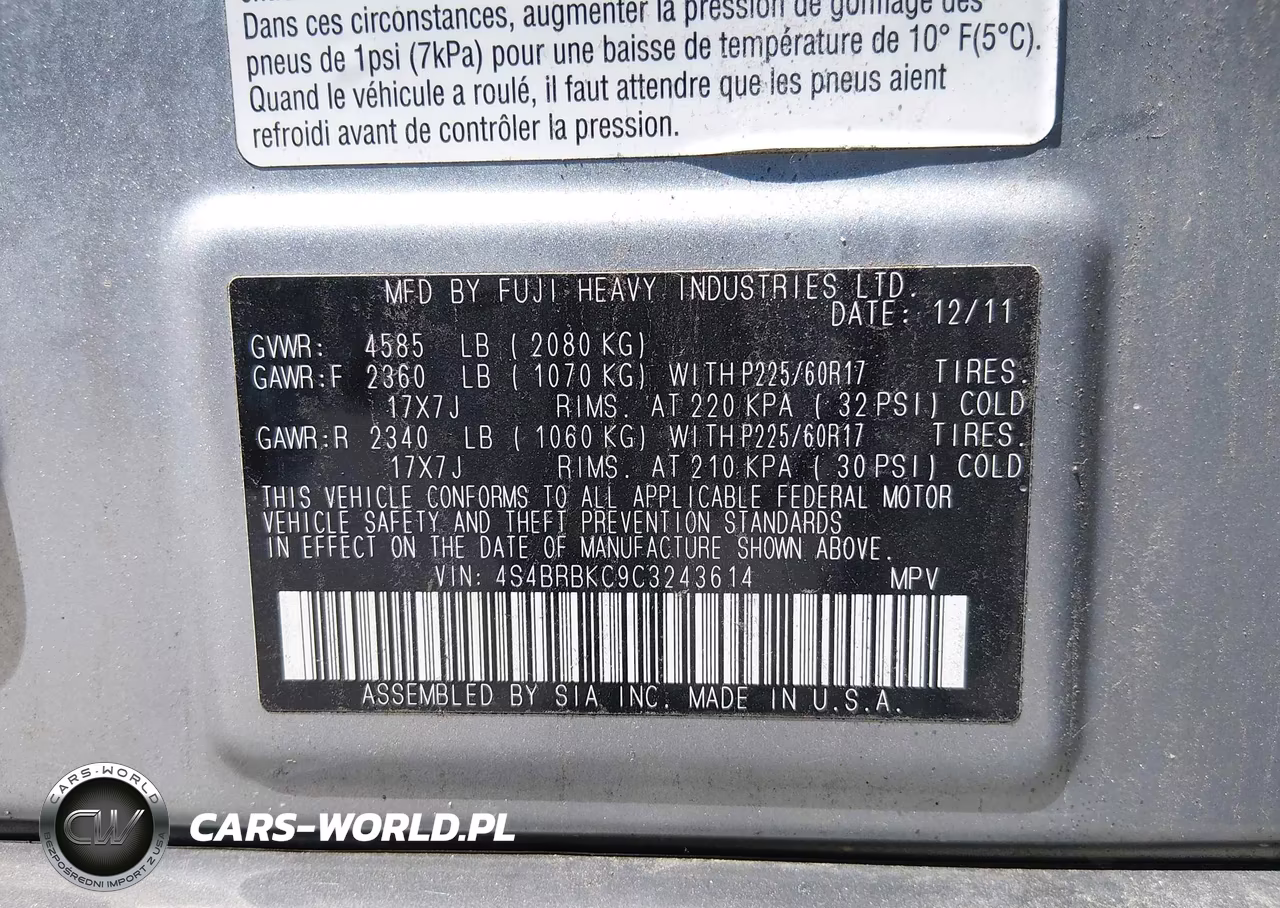 2012 Subaru Outback 2.5I Limited VIN:4S4BRBKC9C3243614 - 9